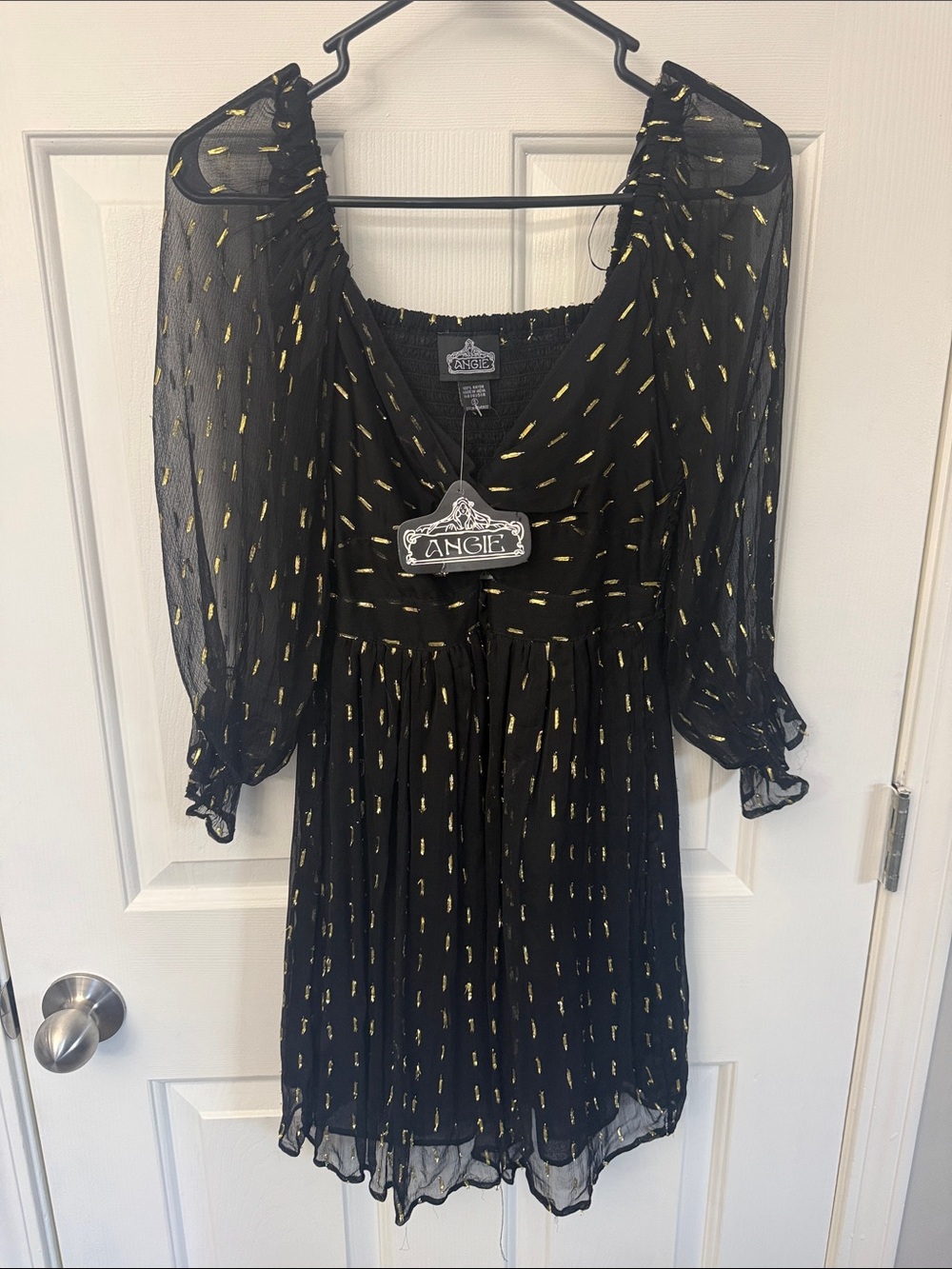 Angie Black Chiffon Dress with Gold Dash Detail